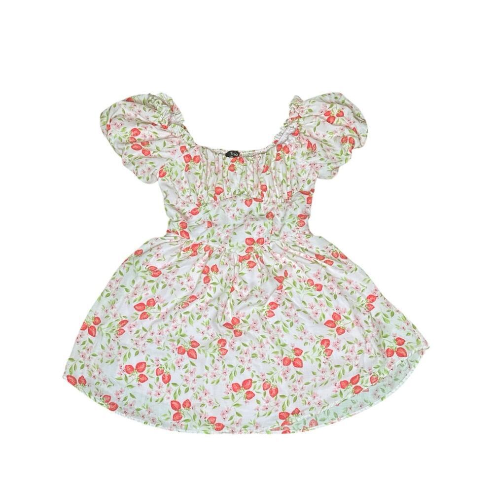 Trixxi White Strawberry Floral Puff Sleeve Dress Women’s Size Large Cottagecore
